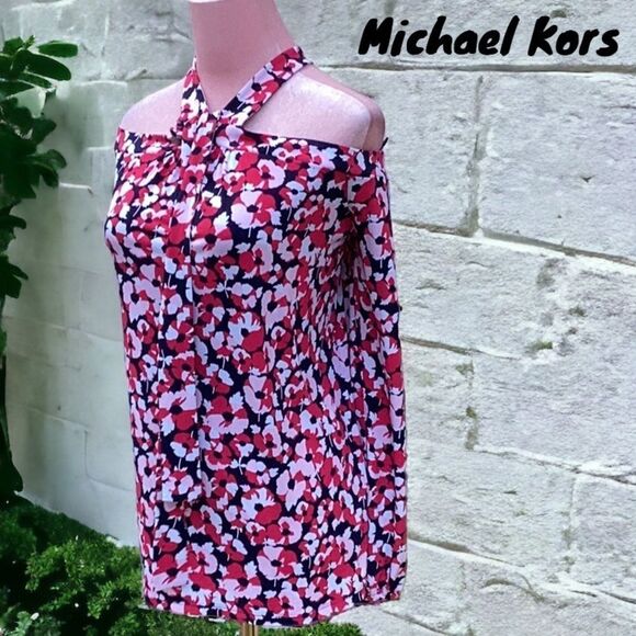 MICHAEL KORS NWT WOMENS TOP BLOUSE NAVY RED FLORAL OFF THE SHOULDER MEDIUM - Picture 2 of 7